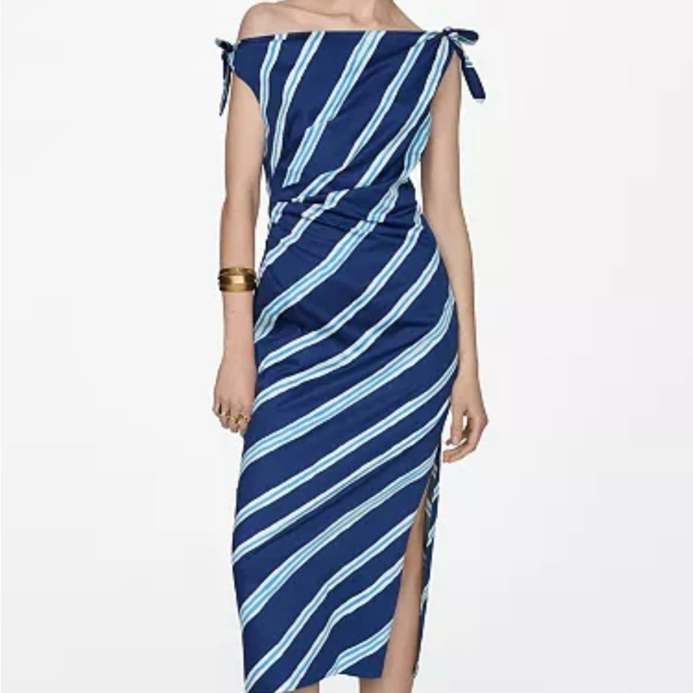 Mango One Shoulder Blue Striped Dress